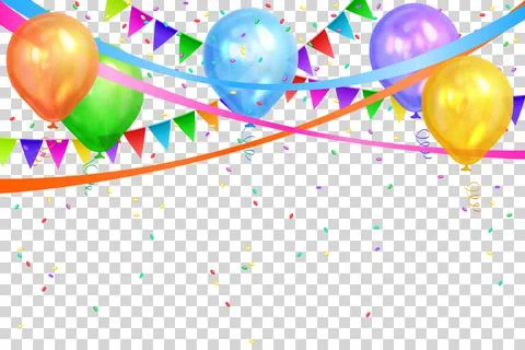 Happy Birthday design. Border of realistic colorful helium balloons and flags Stock Illustration