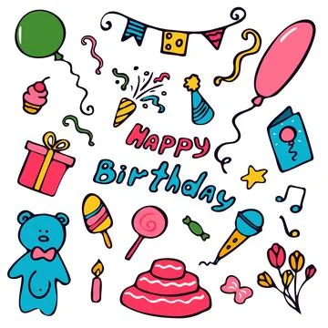 Happy Birthday doodle elements isolated on white background. イラスト素材