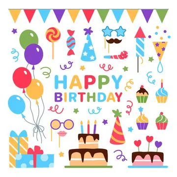Happy Birthday elements set. Flat colorful objects Stock Illustration