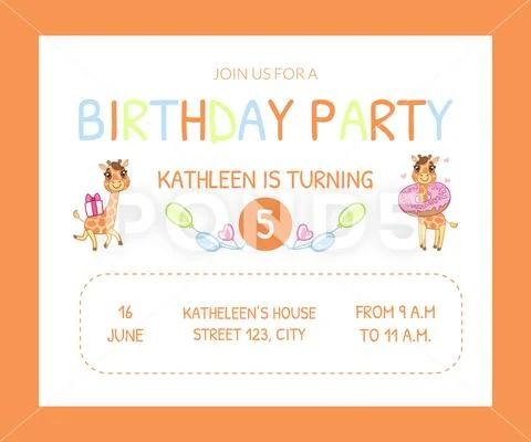 Happy Birthday Invitation Card Template with Cute Animals, Number of Years and Stock Illustration