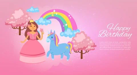 Happy birthday magic background, vector banner. Girl princess character in Stock Illustration