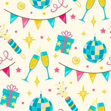 Happy birthday pattern with festive decorations, disco ball and champagne. 스톡 일러스트
