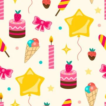Happy birthday pattern with festive decorations, sweets and balloons. 스톡 일러스트