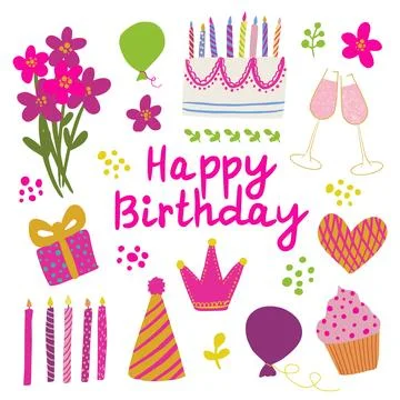 Happy birthday pink vector set Stock Illustration
