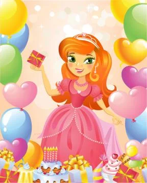 Happy Birthday, Princess, greeting card. Stock Illustration