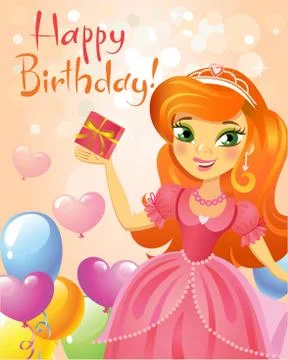 Happy Birthday, Princess, greeting card. Stock Illustration