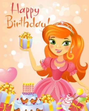 Happy Birthday, Princess, greeting card. Stock Illustration