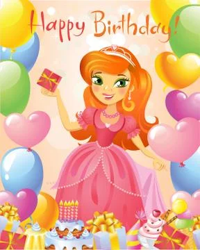 Happy Birthday, Princess, greeting card. Stock Illustration