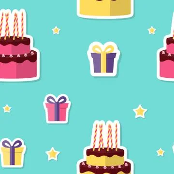 Happy Birthday Seamless Pattern Background with Cake and Gift Box. Vector Stock Illustration