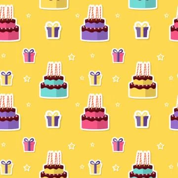 Happy Birthday Seamless Pattern Background with Cake and Gift Box. Vector Stock Illustration