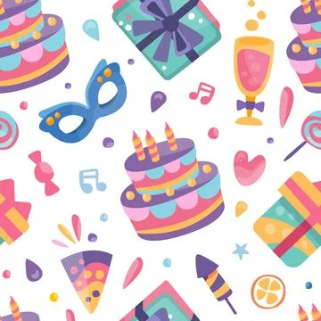 Happy Birthday Seamless Pattern with Cake, Gift Box and Carnival Mask Vector Illustrazione stock