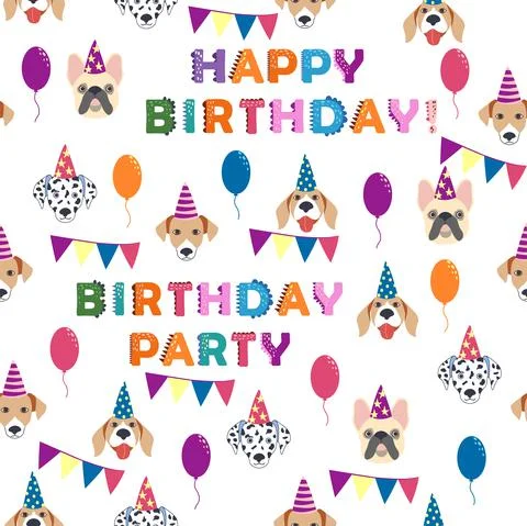 Happy birthday seamless pattern with cartoon dogs of the Dalmatian, Bulldog,  Stock Illustration