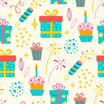Happy birthday seamless pattern with festive decorations, firework and gifts. Stock Illustration
