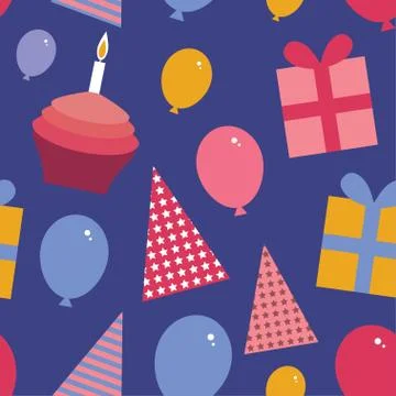 Happy birthday seamless pattern flat style set Cupcake with a candle, balloons, Stock Illustration