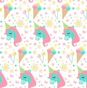 Happy birthday seamless pattern. Party repeating texture with gerland, sweets Stock Illustration