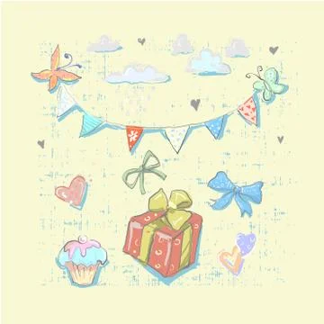Happy Birthday set cute elements with gift box Birthday Party elements Stock Illustration