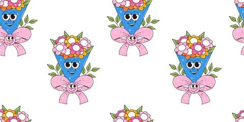 Happy birthday simless pattern in retro groovy style. Vintage characters. V.. Stock Illustration