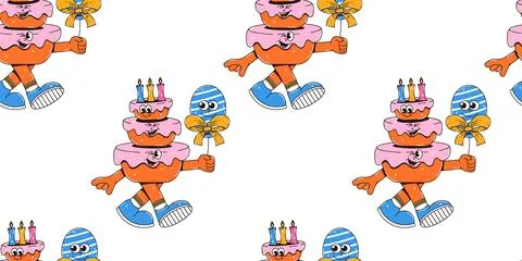 Happy birthday simless pattern in retro groovy style. Vintage characters. V.. Stock Illustration