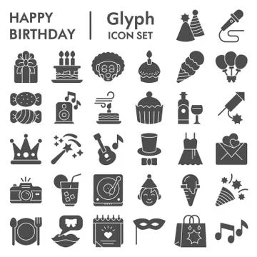 Happy birthday solid icon set, Celebration collection, vector sketches, logo Stock Illustration