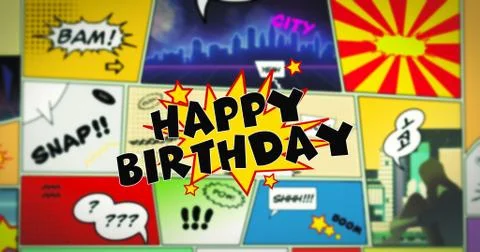 Happy Birthday speech bubble text in the foreground of colorful comic strip Stock Illustration