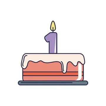 Happy birthday, tasty cake with candle number one celebration party line and Stock Illustration