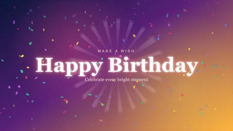 Happy Birthday text animation with falling confetti and glowing rays Stock Footage 336995257