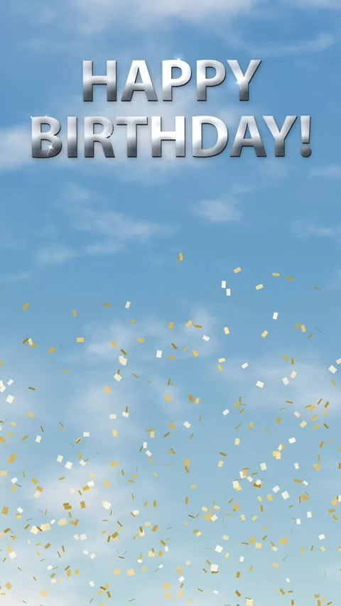 Happy Birthday Text with Falling Gold Confetti Over Cloudy Blue Sky Stock Footage 341541998