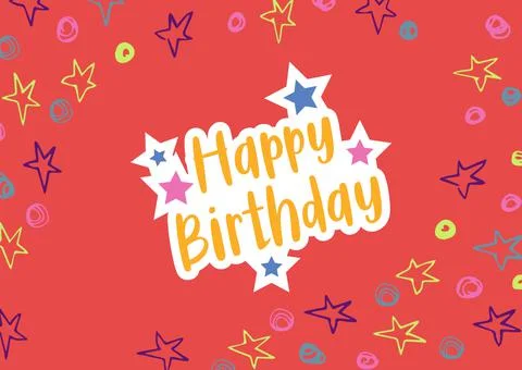 Happy birthday text over multiple colorful stars against red background Illustrazione stock