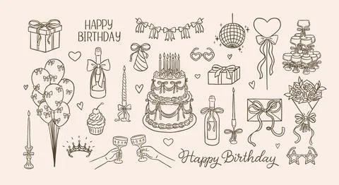 Happy Birthday theme vector doodle set, celebration accessories decorated bows Stock Illustration