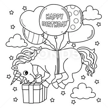 Happy Birthday Unicorn Coloring Page for Kids: Graphic #248422033