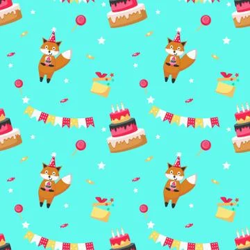 Happy birthday vector seamless pattern with cute fox Stock Illustration