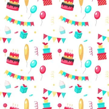 Happy birthday vector seamless pattern with party decorations Stock Illustration