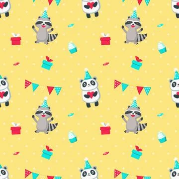 Happy birthday vector seamless pattern with cute animals Illustrazione stock