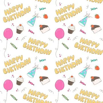 Happy Birthday Vector Seamless Pattern with Cake, Balloons, and Party Hats Stock Illustration