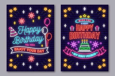 Happy Birthday to you. Enjoy your Day neon sign. Card, flyers, poster with bunch Stock Illustration