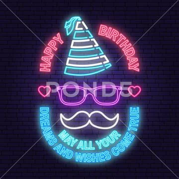 Happy Birthday to you neon sign. May all your dreams and wishes come true. Card Stock Illustration
