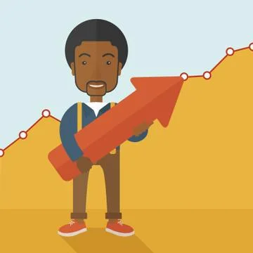 Happy black guy holding arrow up sign Stock Illustration