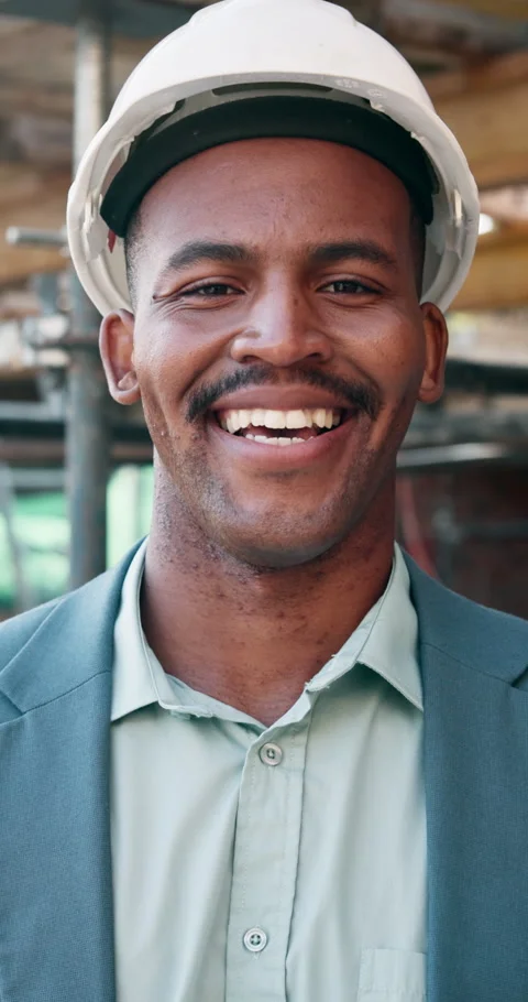 Happy, black man and face of construction worker on site with confidence for Stock Footage 341096632