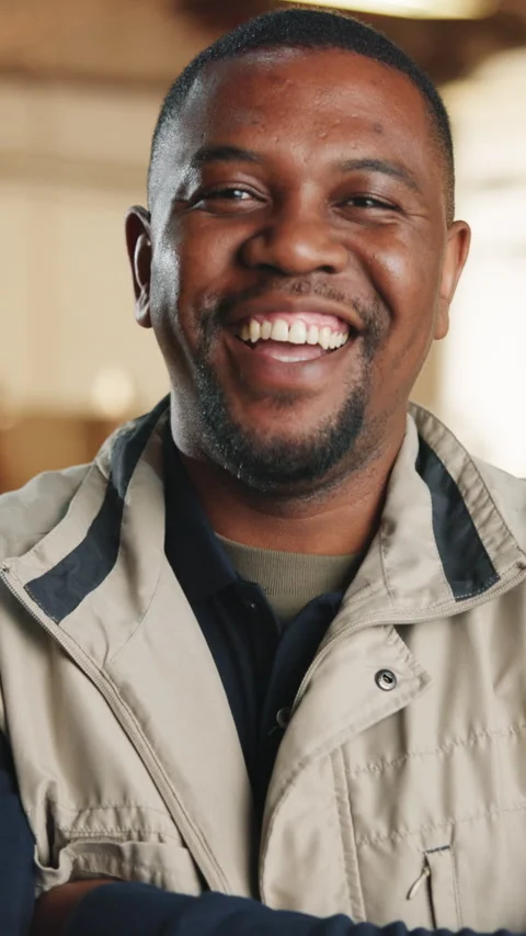 Happy, black man and face of carpenter in workshop with confidence for furniture Stock Footage 343810580