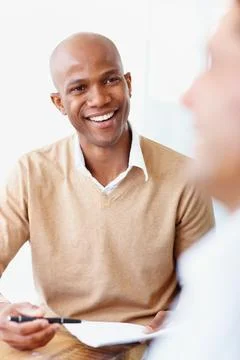 Happy black man, documents and meeting for hiring, business contract or Stock Photos