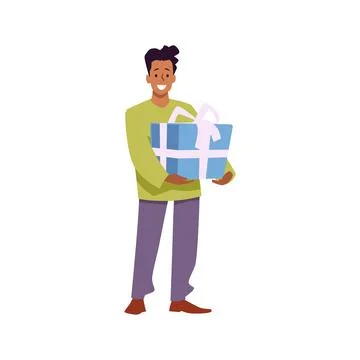 Happy black man with gift box, cartoon flat vector illustration isolated on Illustrazione stock