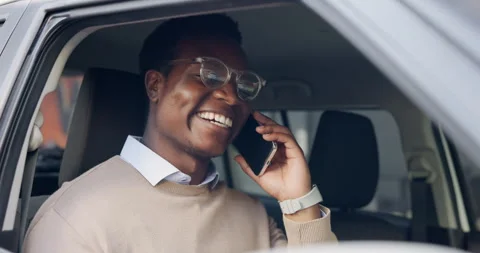 Happy, black man or driver laughing with phone call in car for network Stock Footage 334052604