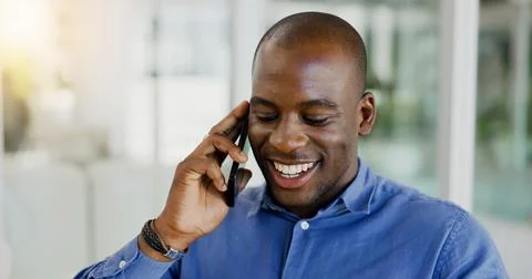 Happy black man, phone call and laughing for discussion, funny joke or humor at Stock Photos