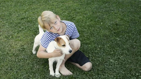 Happy blond boy playing with Parson Russell Terrier pet dog on the lawn. Stock Footage 67290215