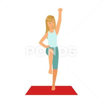 Happy blond girl doing fitness exercises on a red mat. Colorful cartoon Stock Illustration