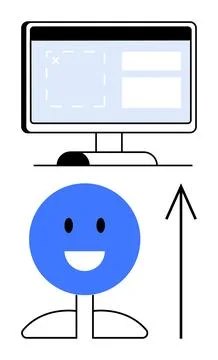 Happy blue figure in front of a computer screen with an upward arrow イラスト素材