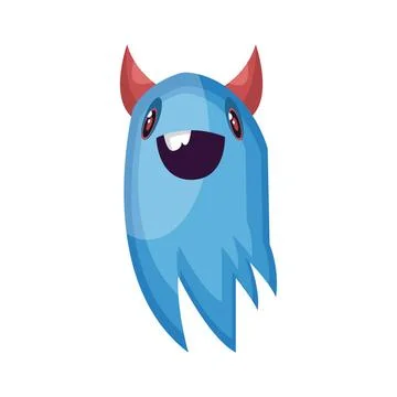 Happy blue ghost cartoon character with big smile and red horns white back... Stock Photos