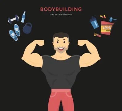 Happy bodybuilder doing exercise and demonstrating his muscles Illustrazione stock