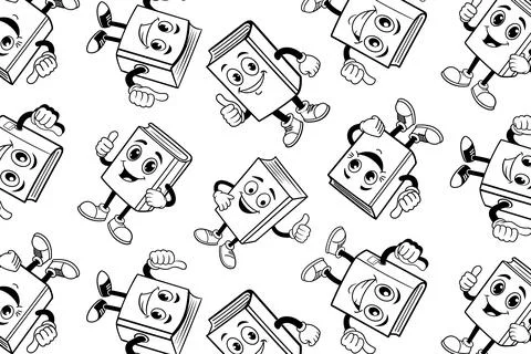 Happy book characters in a repeating pattern in black and white Stock Illustration
