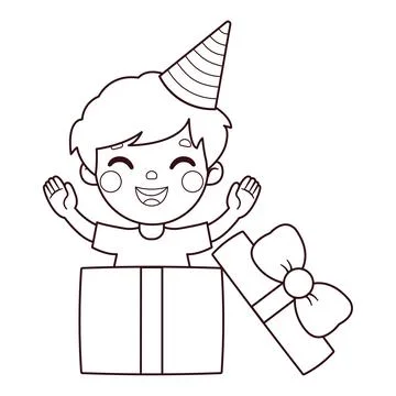 Happy boy and gift box. Coloring page. Vector outline illustration. イラスト素材